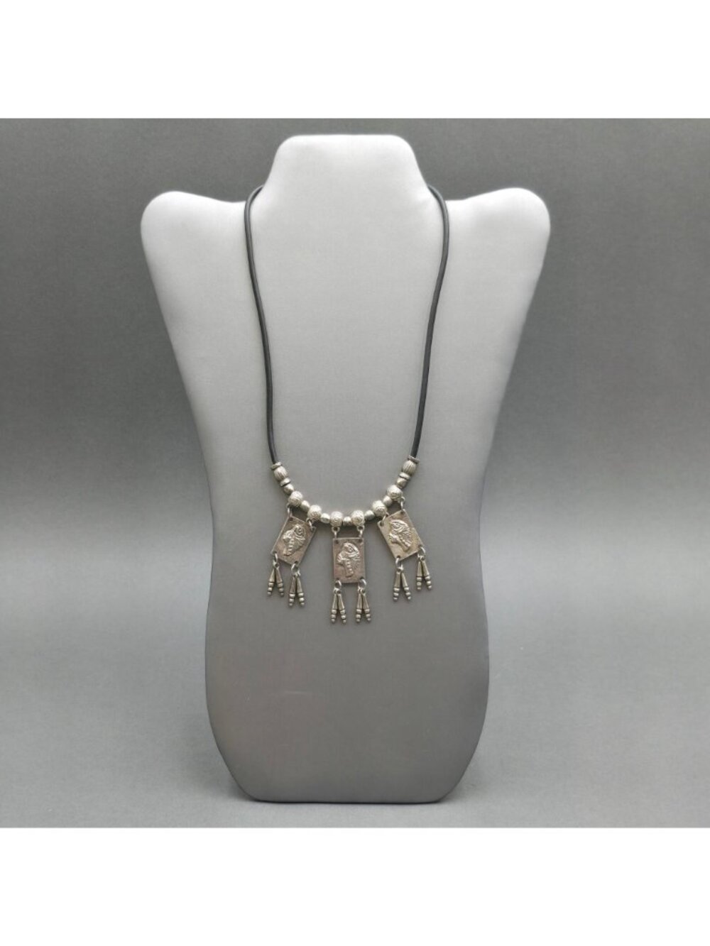 Vintage Tribal Panel Fringe Necklace Silver Tone Leather Cord Boho Statement - Picture 2 of 16